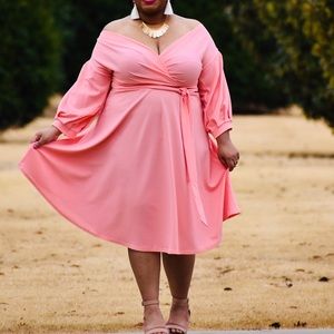 Plus Off Shoulder Wrap Midi Dress in Coral Blush